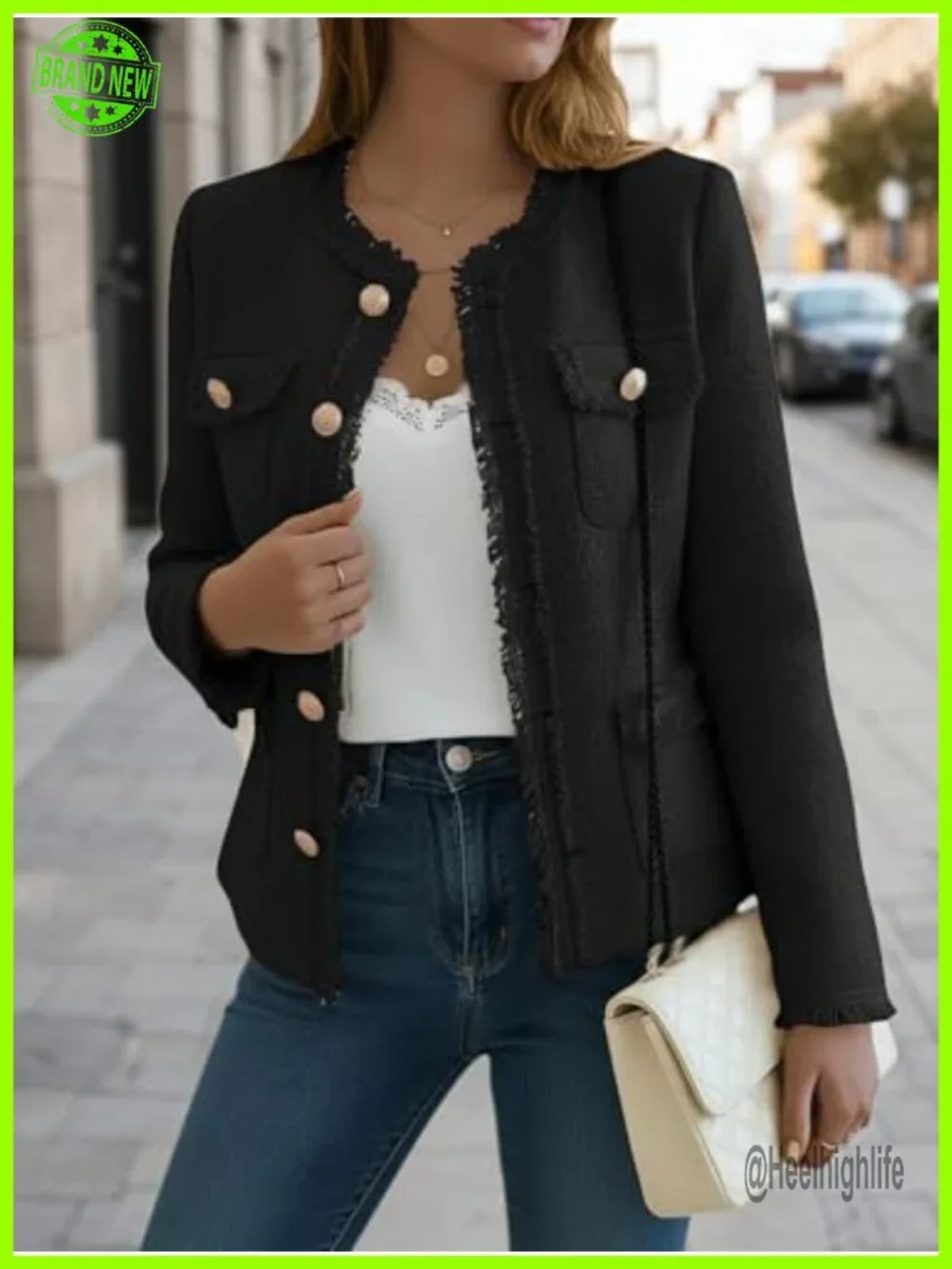 Tweed Blazer Jacket Crewneck Open Front Office Coat Pockets